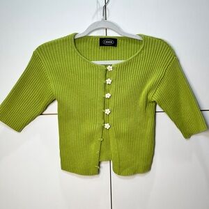 Cider Green Ribbed Cardigan with Floral Buttons